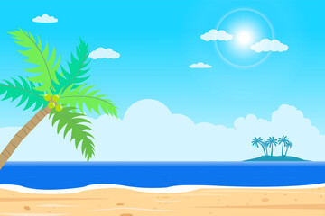 Tropical Beach island vector .Islands shore with palm tree.Beautiful seascape  with sunshine.Summer season holiday.Beautiful paradise island with beach and sea