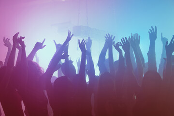 Photo of meeting crazy dance carefree party enjoy raise hands wear trendy outfit modern club indoors