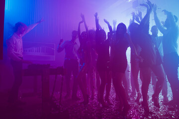 Photo of many girl people meeting crazy dance carefree party enjoy wear trendy outfit modern club indoors