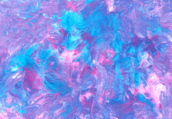 Fototapeta na wymiar Abstract fluid art background. Blue, purple, pink, violet and white colors mix together. Beautiful creative print. Abstract art hand paint. Original artwork. Color splashing on paper. Cosmic texture