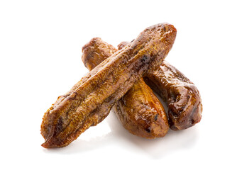 Dried bananas on white background