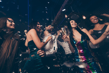 Photo of people group dance have fun guy embrace lady wear trendy stylish outfit modern club indoors