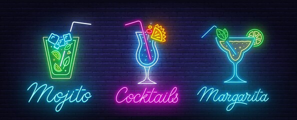 Cocktail Margarita, Blue Hawaiian and Mojito neon sign on brick wall background .