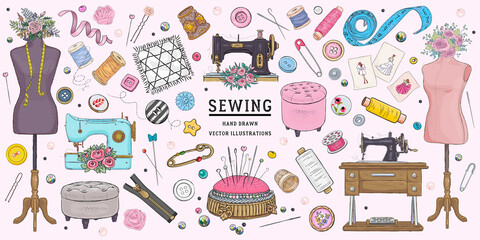 Vector hand drawn sewing retro set. Collection of highly detailed hand drawn sewing tools