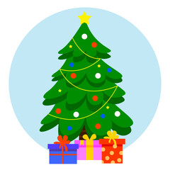 Christmas illustration with decorated fir tree and gifts around. Flat cartoon style vector illustration.