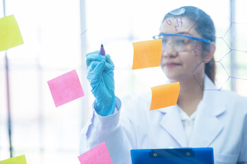 Asian woman scientist microbiology and chemist writing table of the elements on glass board in laboratory room. science and medical people concept 