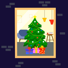 Christmas interior with Christmas tree, gifts and furniture through the window. Flat cartoon style vector illustration.