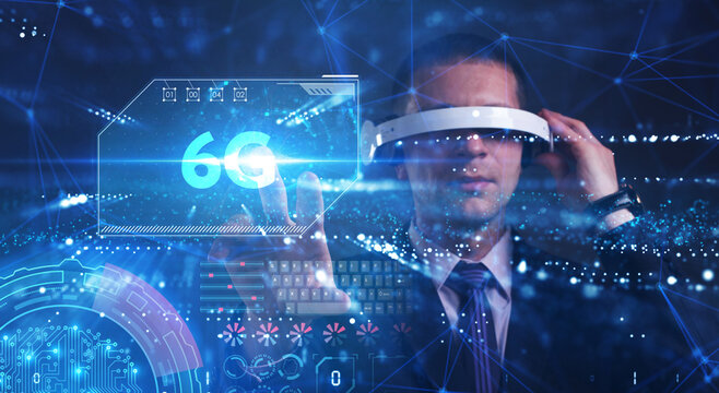 Business, Technology, Internet and network concept. Young businessman working on a virtual screen of the future and sees the inscription: 6G