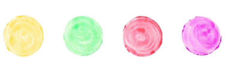 4 handgemalte Kreise aus Wasserfarbe orange grün rot pink