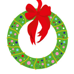 Green christmas wreath with red ribbon, golden garland and balls isolated on white background.
