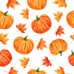 Watercolor orange pumpkins with maple leaves seamless background isolated on white. Autumn watercolor pattern