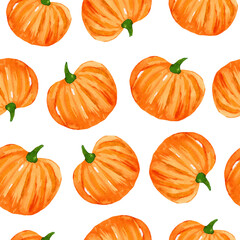 Watercolor orange pumpkins seamless background isolated on white. Autumn watercolor pattern