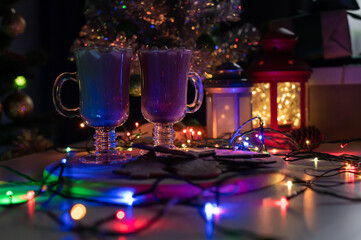 Composition for Christmas night. Cocoa and gingerbread for santa claus