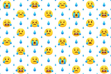 Saddest crying emoji pattern. Sad yellow emoticons, cry and tears seamless vector illustration