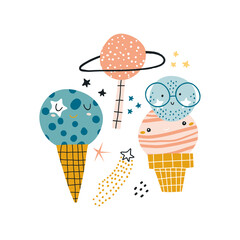 Creative set of funny ice cream planets. Space illustration. . Perfectly look on t-shirt, poster, nursery decoration, apparel design. Kids Vector Illustration