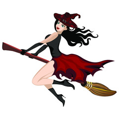 The witch flies on a magic broomstick. Baba Yaga. Vector illustration