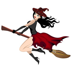 The witch flies on a magic broomstick. Baba Yaga. Vector illustration