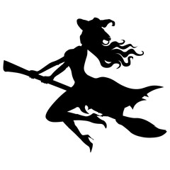 Obraz premium The witch silhouette flies on a magic broomstick. Baba Yaga. Vector illustration