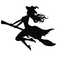 The witch silhouette flies on a magic broomstick. Baba Yaga. Vector illustration