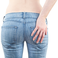 Womans back side bottom with jeans.