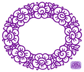 Flower frame in linear sketch style for florist shops, organic cosmetics, wedding. Emblem design template with copy space for text, flowers background in violet colours. Vector