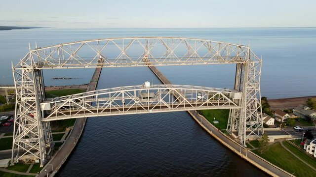 Duluth Canal park bridge aerial view during a summer afternoon