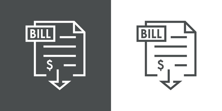 Icono factura con flecha y con s&iacute;mbolo del d&oacute;lar con lineas en fondo gris y fondo blanco