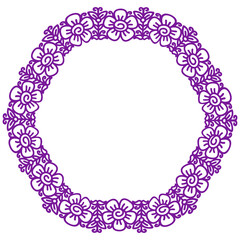 Flower frame in linear sketch style for florist shops, organic cosmetics, wedding. Emblem design template with copy space for text, flowers background in violet colours. Vector