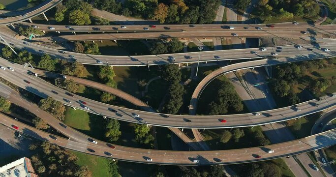 Birds eye view of traffic on I-45 in the downtown Houston area. This video was filmed in 4k for best image quality