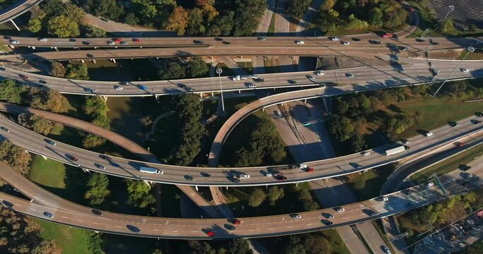 Birds eye view of traffic on I-45 in the downtown Houston area. This video was filmed in 4k for best image quality