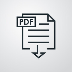 Icono documento con etiqueta pdf y flecha con lineas en fondo gris