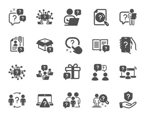 Questions icons. Artificial Intelligence computer, phone with Question mark, Problem solve. Quiz, faq guide, job interview icons. Ask person, question bubble, family problem. Vector