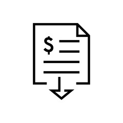 Icono factura con flecha y con s&iacute;mbolo del d&oacute;lar con lineas en color negro