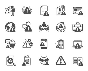 Warnings icons. Caution sign, Exclamation mark, Risk attention. Danger alert, error caution, urgent information icons. Safety risk, construction warning, documentation error. Vector