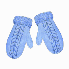 watercolor illustration of blue knitted mittens.winter clip art