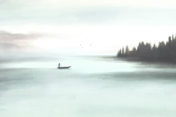 Obraz Mężczyznę Wiosłujący w Spokojnym Jeziorze