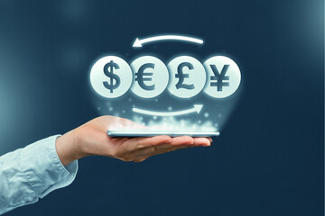 Currency exchange concept and through a mobile application on a smartphone