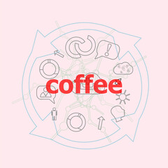 Text Coffee. Food concept . Flat outline linear Infographic