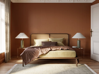 3d rendering of a calm relaxing elegant bedroom with dark red wall and nightstands with modern table lamps	
