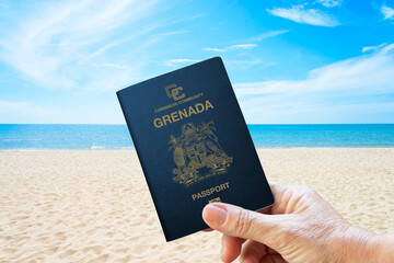 grenada passport with a sea and beach background - obrazy, fototapety, plakaty