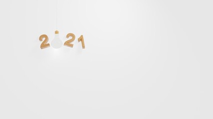 3D illustration. Light bulb with number 2021 plans and copy space on white background. Business plan and strategy concept with idea in year 2021	