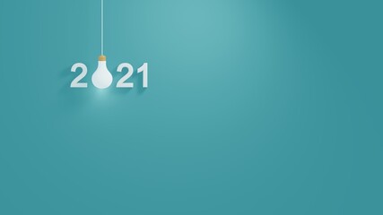 3D illustration. Light bulb with number 2021 plans and copy space on green background. Business plan and strategy concept with idea in year 2021	