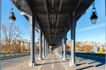 Cycle Path on the pont Bir-Hakeim on a sunny day in Autumn - Paris, France