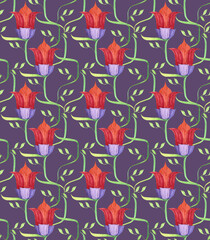decorative floral seamless pattern with dreamlike stylized watercolor flowers in bloom on ornate twigs in bright colors on a violet background
