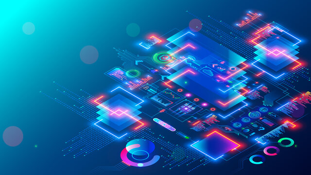 Computer CPU chip or processor on motherboard processes data. Electronic microchip technology. abstract isometric tech concept banner. Blockchain, fintech, artificial intelligence hardware, software.