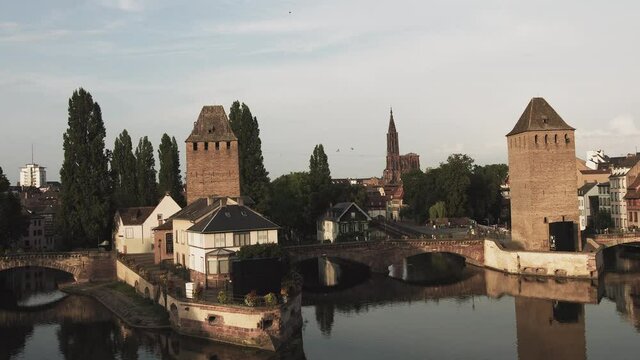 France,Strasbourg Ponts Couverts Ancient city on the water. large bridges on which people walk