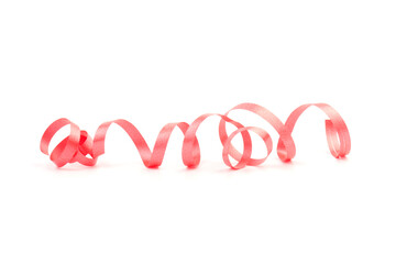 Top view of Red ribbon isolated shiny rolled on white background. Flat lay view.