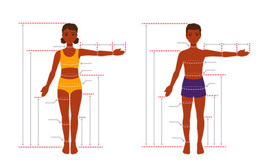 A child's body size chart. Measurements for tailoring clothes. Children anatomy. A measure of a kid. A girl, a boy standing in a full length with one arm spread out. A vector cartoon illustration.