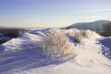 The Tsaryov Kurgan (Tsaryov Hill) in winter. The Middle Volga region, Samara, Russia.  The Sok Mountains and the river Sok can be seen in the far.