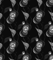 abstract unusual seamless graphic pattern with hand drawn elements in grayscale colors on a dark background